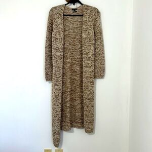Massimo Dutti Long Line Duster Open Front Knit Cardigan Sweater Brown Ivory